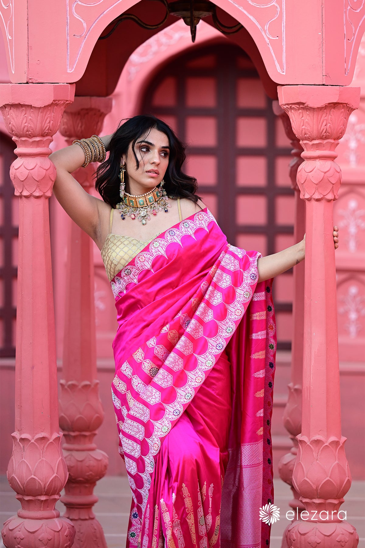 Pink Sona Rupa Zari Kadhwa Meenakari Pure Katan Silk Banarasi with Scallop border