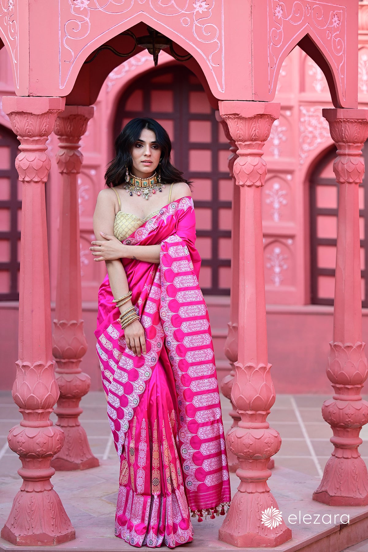 Pink Sona Rupa Zari Kadhwa Meenakari Pure Katan Silk Banarasi with Scallop border