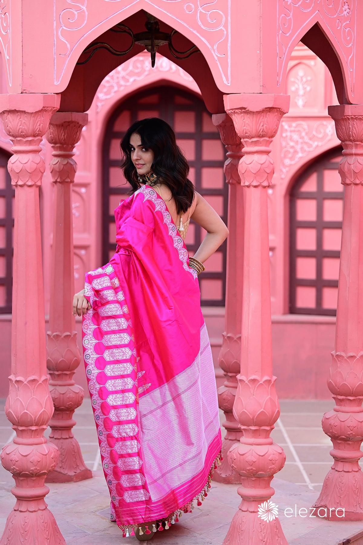 Pink Sona Rupa Zari Kadhwa Meenakari Pure Katan Silk Banarasi with Scallop border