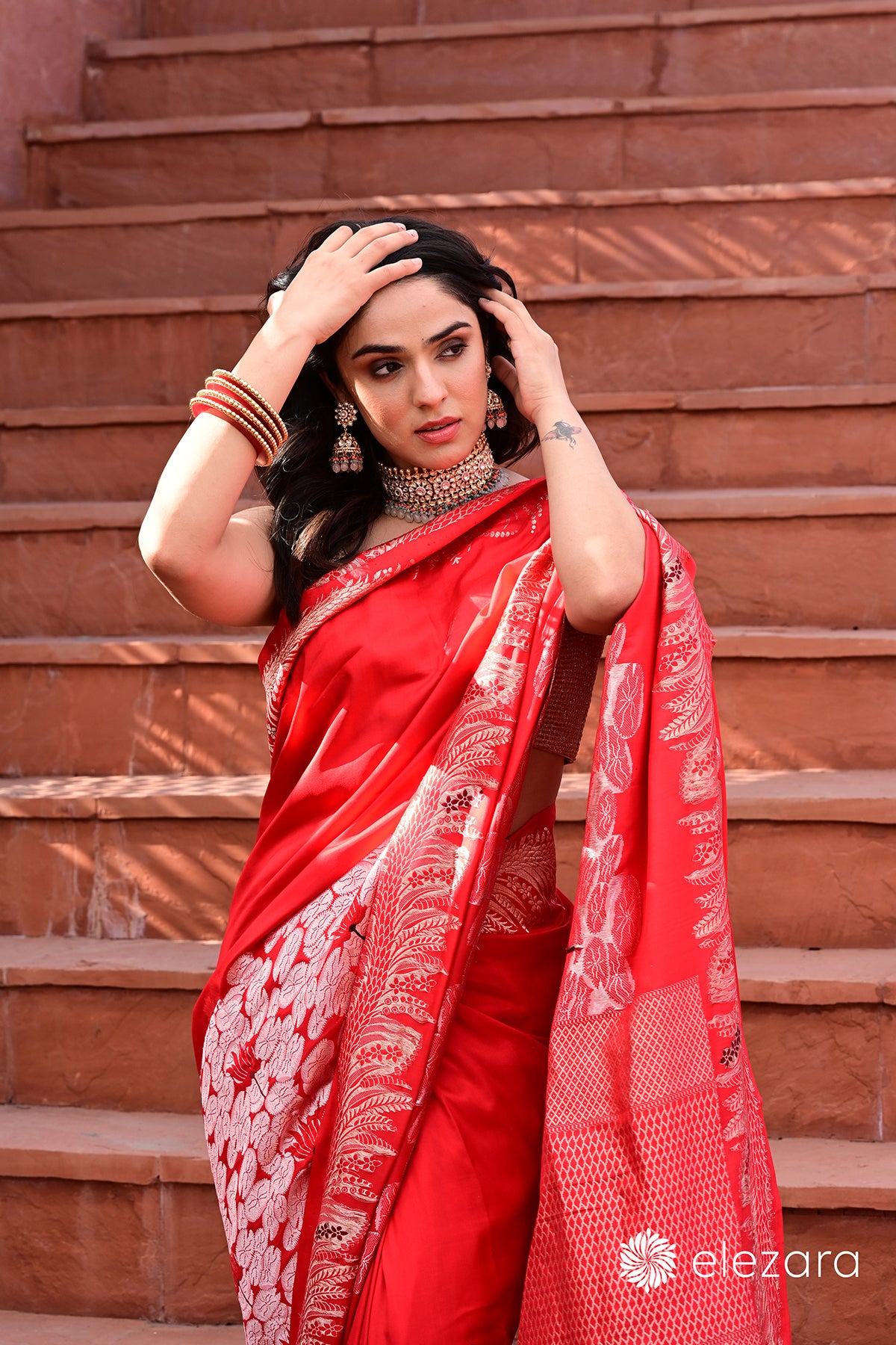 Red Sona Rupa Zari Kadhwa Meenakari Pure Katan Silk Banarasi
