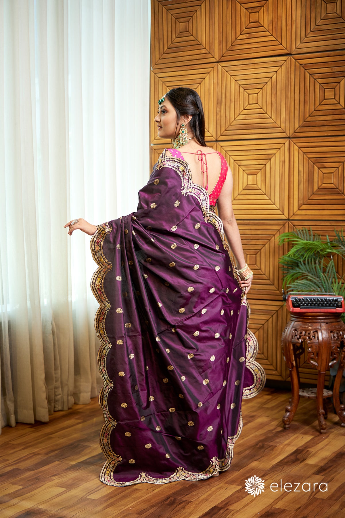 Dark Wine Scallop border with Sona zari Pure Katan Silk Banarasi