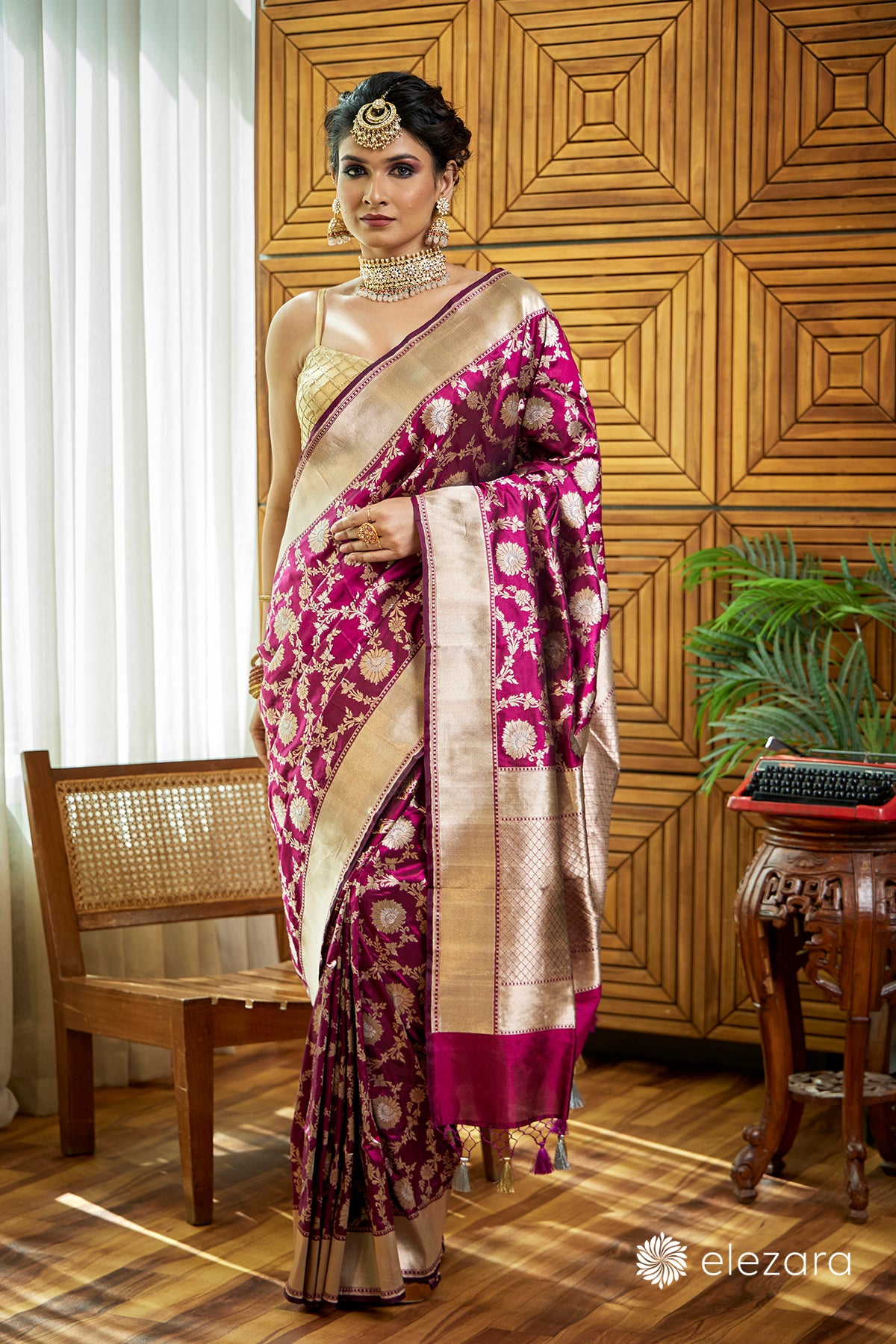 Shiraz' Deep Maroon Pure Katan Silk Banarasi Handloom Saree - Tilfi