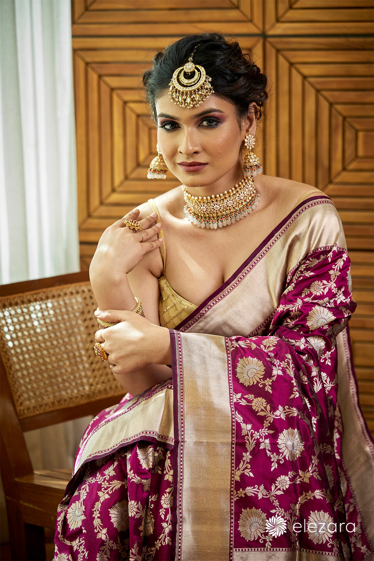 Wine Sona Rupa Zari Pure Katan Silk Banarasi