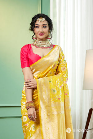 Yellow Sona Rupa zari with Meenakari Pure Katan Silk Banarasi