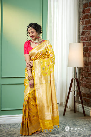 Yellow Sona Rupa zari with Meenakari Pure Katan Silk Banarasi